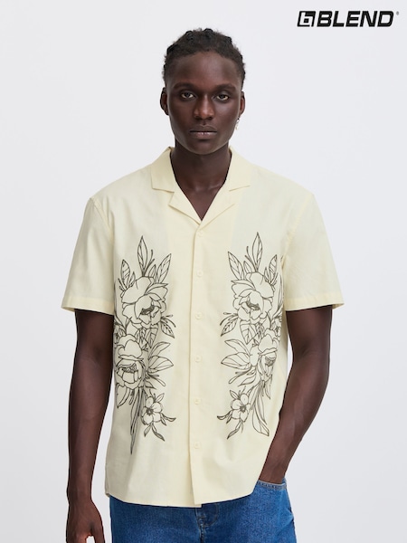 Blend Cream Floral Resort Short Sleeve 100% Cotton Shirt (F45180) | AED204