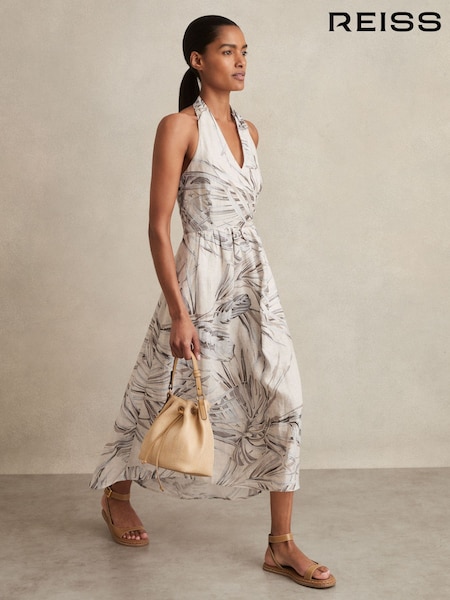Reiss Neutral Carla Petite Linen Palm Print Halterneck Midi Dress (F45245) | €245