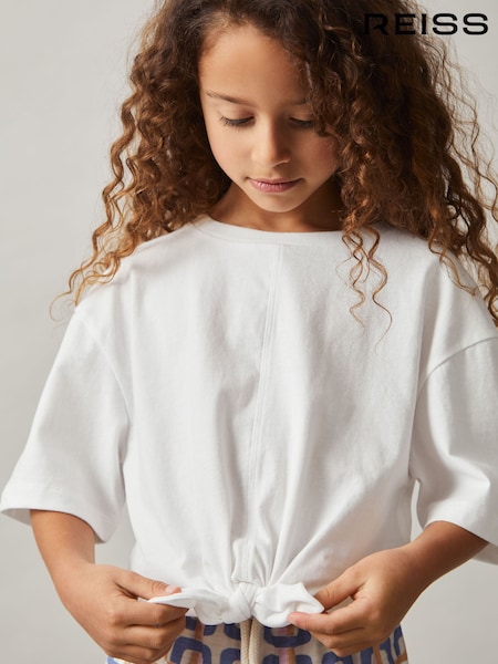 Reiss Ivory Tyla Cotton Tie-Front Cropped T-Shirt (F45250) | AED130