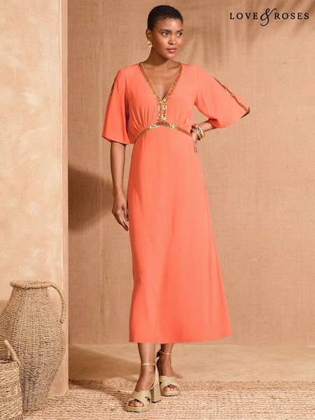 Love & Roses Orange Sequin Angel Sleeve Midi Dress (F45390) | 3,725 UAH