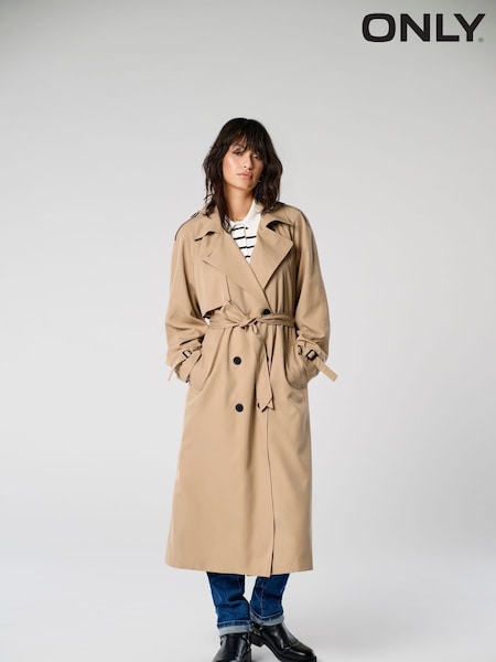 ONLY Cream Longline Double Breasted Trench Coat (F45561) | €86