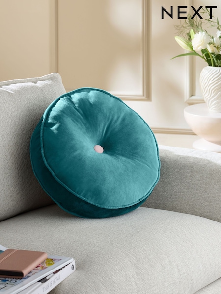 Teal Blue Matte Velvet Contrast Pipe Round Cushion (F45643) | €16