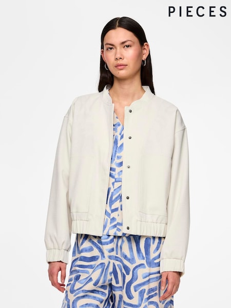 PIECES White Textured Button Down Bomber Jacket (F45837) | €69