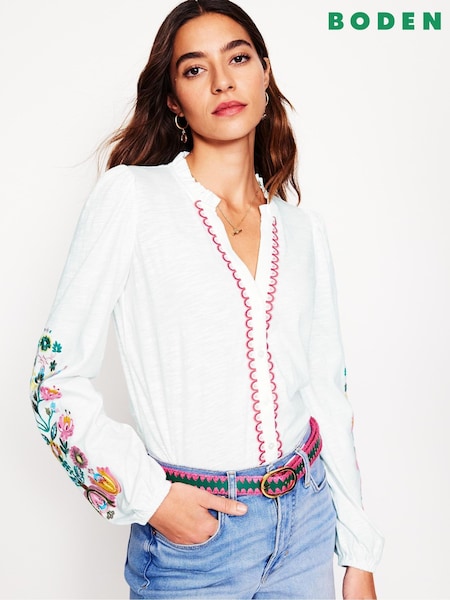 Boden Embroidered Frill Neck 100% Cotton Blouse (F45845) | 521 LEI