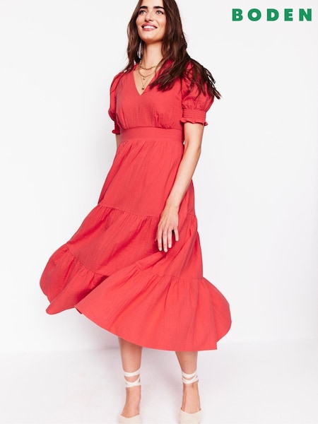 Boden Red Anna Double Cloth Midi 100% Cotton Dress (F45873) | €125