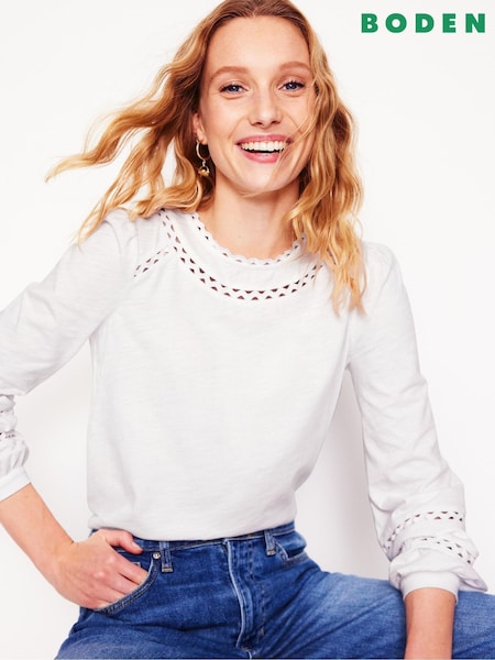 Boden White Daisy Long Sleeve 100% Cotton Top (F45906) | 119 QAR