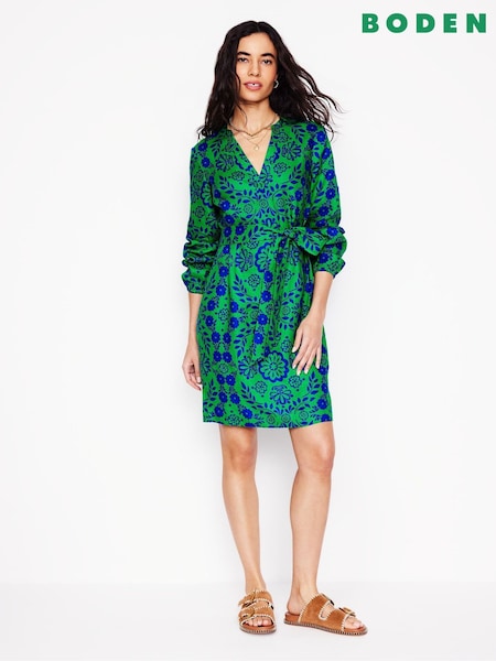 Boden Green Cleo Tie Waist 100% Linen Dress (F45907) | €143