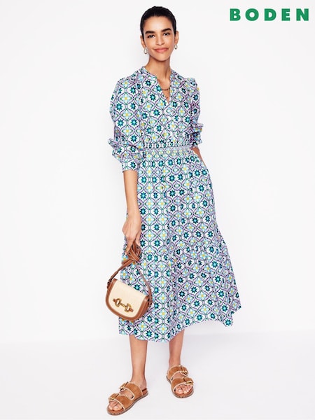 Boden Blue Elena Tiered 100% Cotton Midi Dress (F45912) | €195