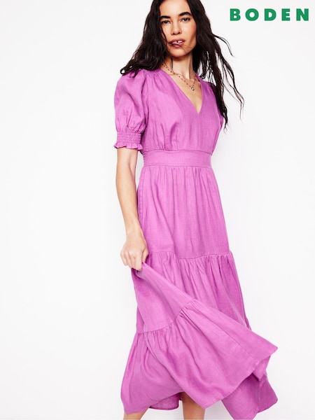 Boden Purple Anna Tiered Linen Midi Dress (F45919) | €83