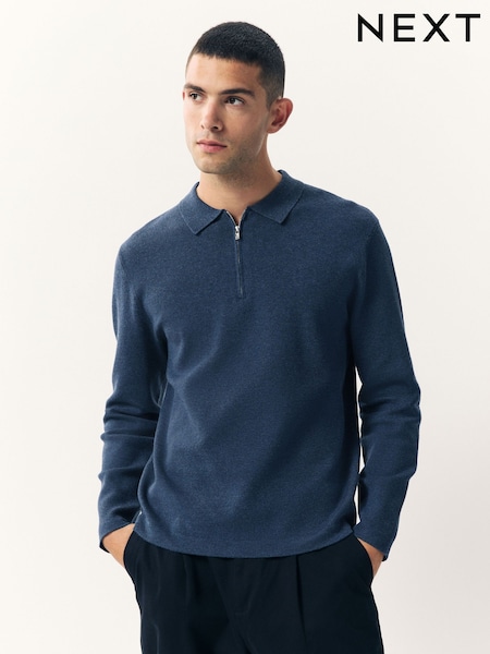 Blue Zip Neck Regular Fit Premium Long Sleeve Knit Polo Shirt (F46090) | 178 QAR
