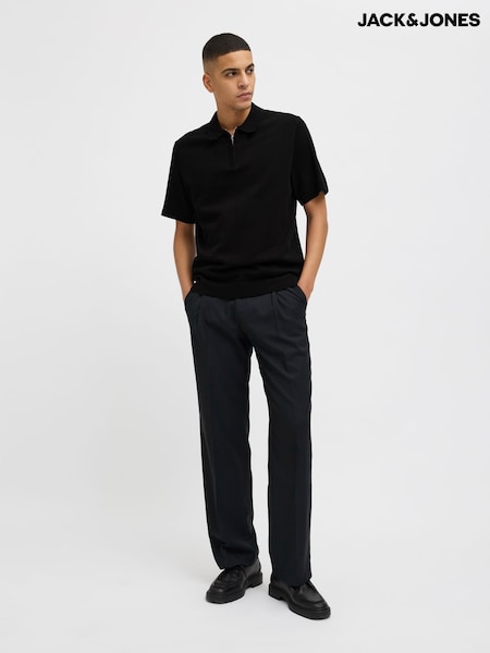 JACK & JONES Black Grey Knitted Quarter Zip Polo Shirt (F46095) | €43