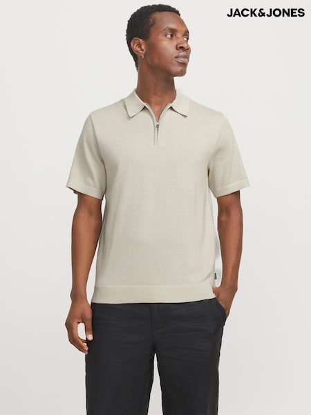 JACK & JONES Grey Grey Knitted Quarter Zip Polo Shirt (F46096) | AED175