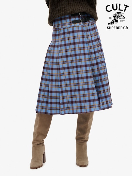 Superdry Blue Check Pleated Midi Skirt (F46160) | ₪277
