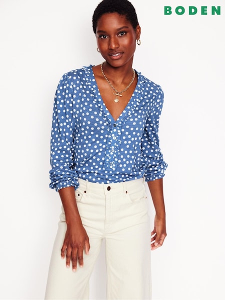 Boden Blue Poppy Ruffled Henley Top (F46209) | €86