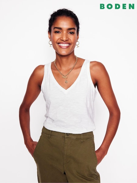 Alb - Boden Regular Decolteu în V Slub 100% Cotton Vest (F46227) | 179 LEI