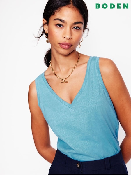 Boden Blue Regular V-Neck Slub 100% Cotton Vest (F46308) | €31