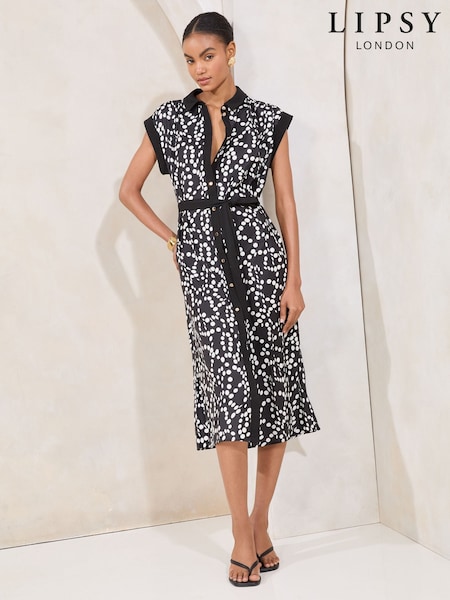 Lipsy Black/White Spot Printed Button Through Midi Shirt Dress (F46323) | €67