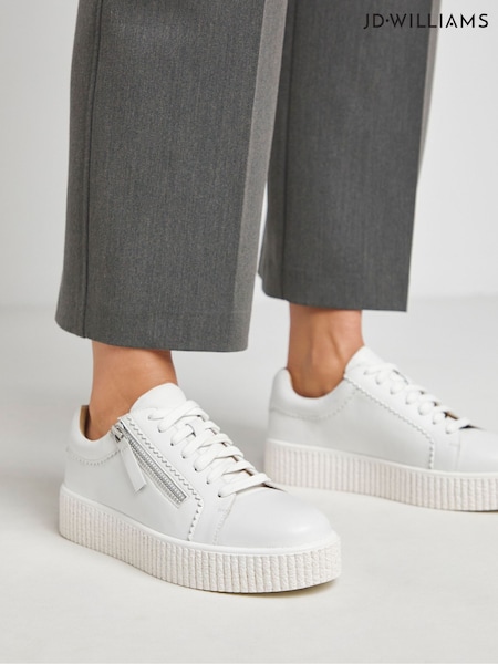 JD Williams White Extra Wide Fit Side Zip Leather Trainers In Wide Fit (F46383) | €77