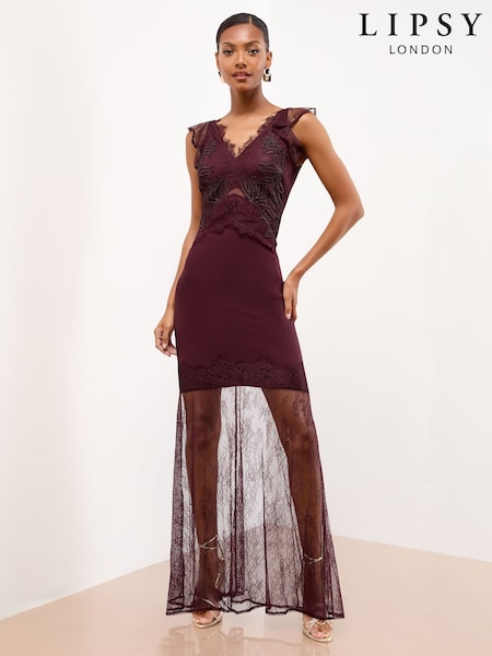Lipsy Burgundy Red Petite Cami Mesh Lace Mix Hem Maxi Dress (F46416) | €139