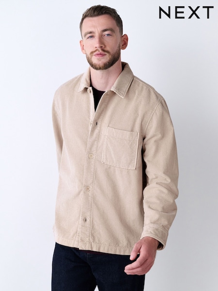 Ecru Twin Pocket Corduroy Shacket Overshirt (F46485) | AED197