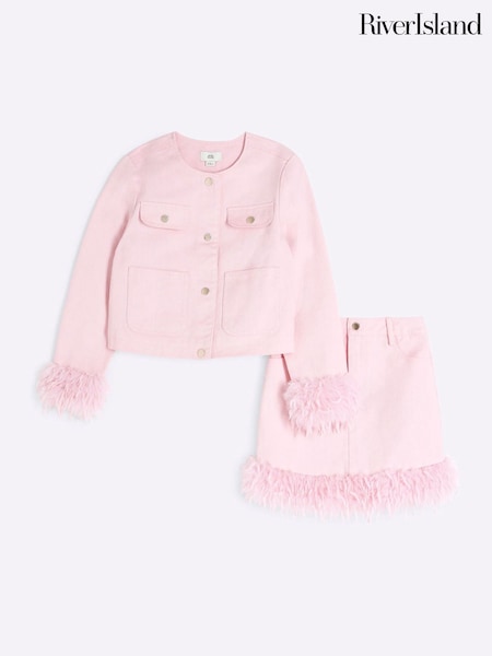River Island Pink Girls Feather Denim Jacket Set (F46489) | R$ 495