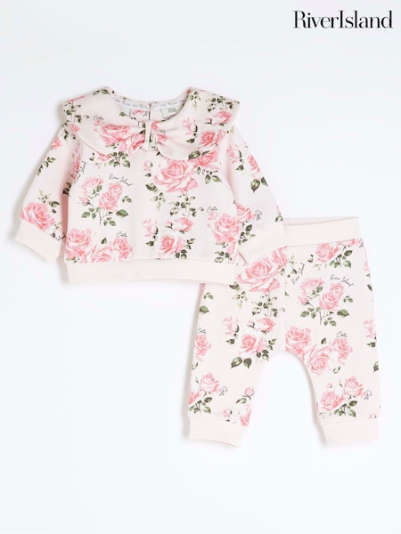 River Island Pink Baby Girls Rose Print Sweat Top & Joggers Set (F46978) | CA$63
