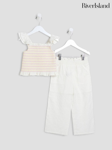 River Island White Girls Shirred Flutter Sleeve 100% Cotton Set (F46990) | €34