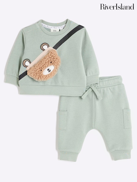 River Island Green Green Baby Boys Fleece Bear Sweatshirt Set (F46991) | €34