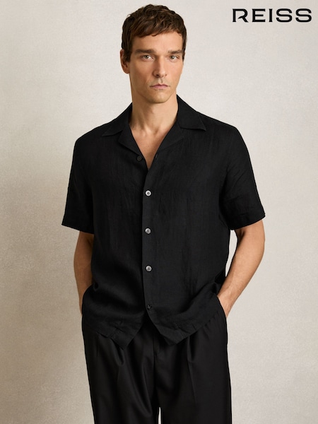 Reiss Black Beldi Linen Cuban-Collar Shirt (F47022) | €128