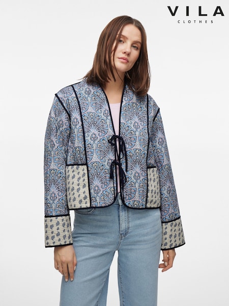 VILA Grey Paisley Printed Tie Front Quilted Jacket (F47079) | €97