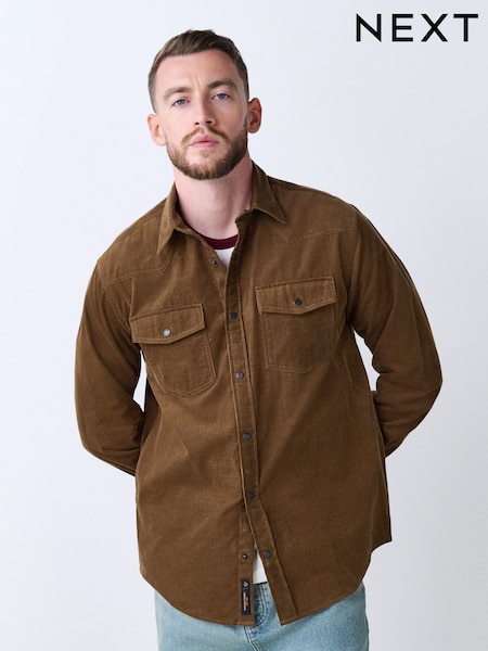 Tan Brown Western Styling Long Sleeve Cord Shirt (F47094) | AED166