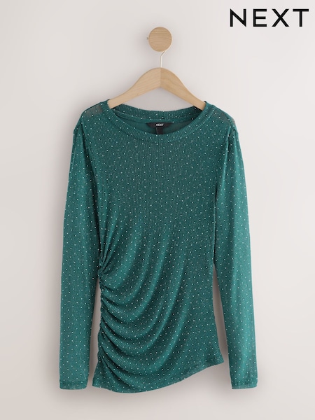 Teal Blue Crew Neck Sheer Sparkle Ruched Long Sleeve Top (F47178) | €28