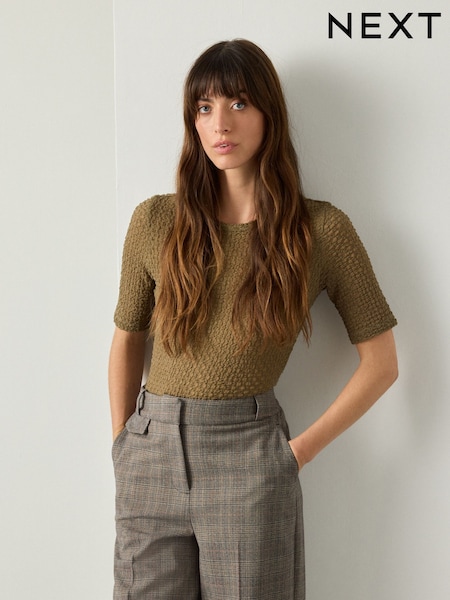 Khaki Green Texture Half Sleeve T-Shirt (F47184) | 81 QAR