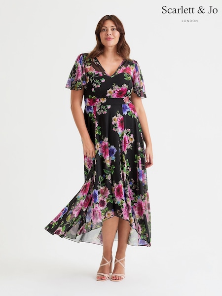 Scarlett & Jo BLACK PINK Tilly  Wine Rose Print Angel Sleeve Sweetheart Dress (F47799) | $157