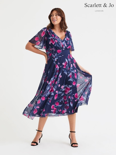 Синий - Scarlett & Jo Curve Rose Angel Sleeve Mesh Midi Dress (F47804) | €113