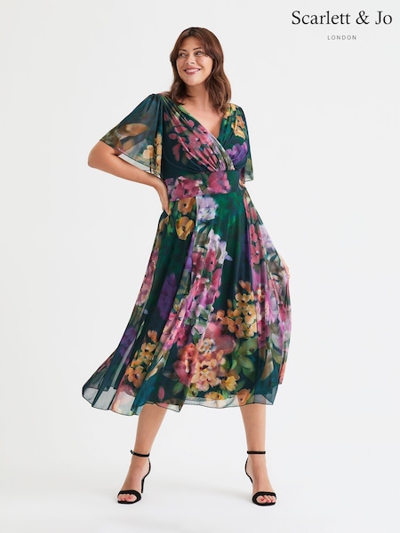Scarlett & Jo Green Victoria Angel Sleeve Mesh Midi long Dress (F47805) | €108