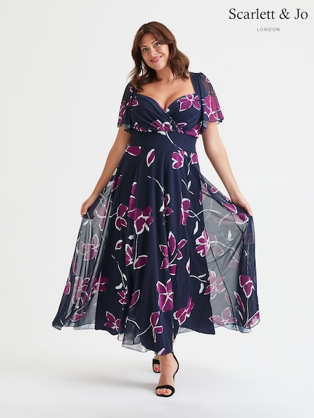 Scarlett & Jo Navy/Magenta Kemi Bolero Wrap Bodice Mesh Maxi Gown (F47809) | €146
