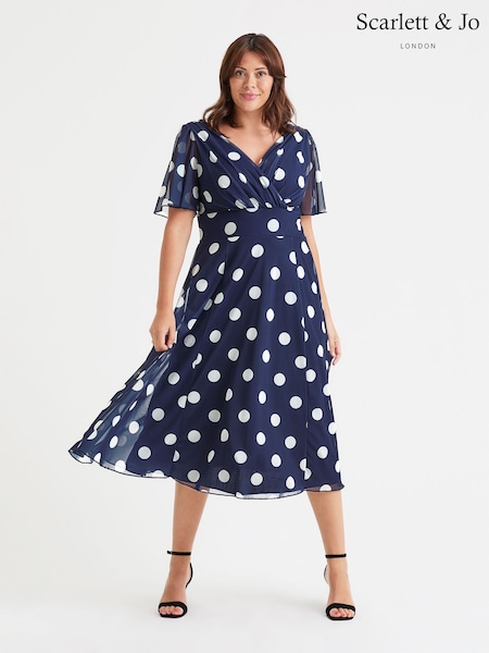 כחול כהה - Scarlett & Jo Victoria Polka Angel Sleeve Mesh Midi Dress (F47839) | ‏427‏₪