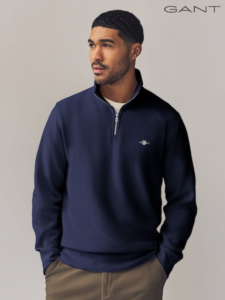 GANT Dark Blue Textured 100% Cotton Half Zip Jumper (F47874) | R$ 1,235