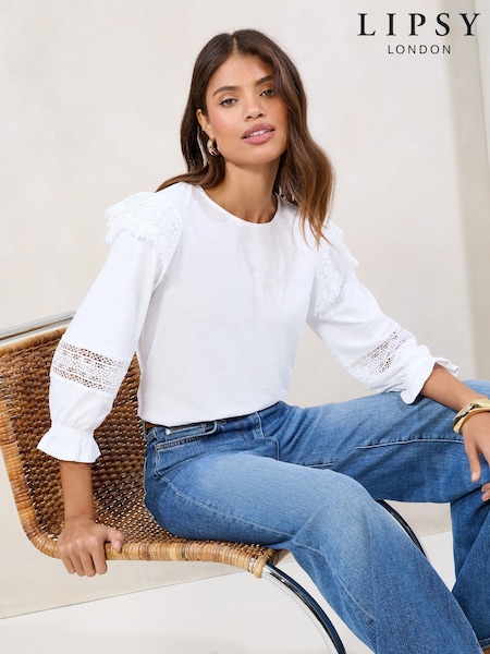 Lipsy White Lace Detail Long Sleeve 100% Cotton Top (F47895) | ₪161