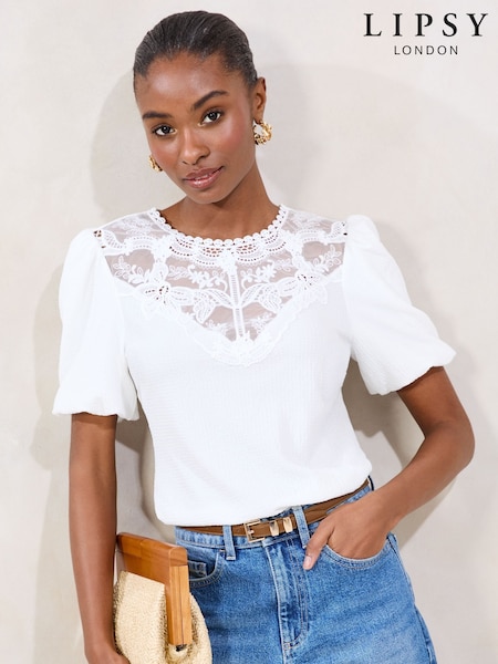 Lipsy White Short Puff Sleeve Lace Detail T-Shirt (F47897) | AZN 85