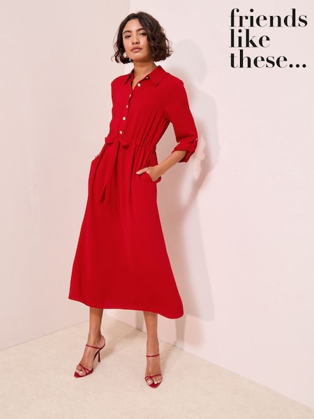 Friends Like These Red Long Sleeve Button Through Midi Shirt Dress (F47900) | AED268
