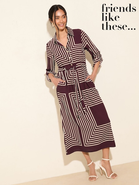 Friends Like These Purple Geo Petite Long Sleeve Button Through Midi Shirt Dress (F47903) | €59