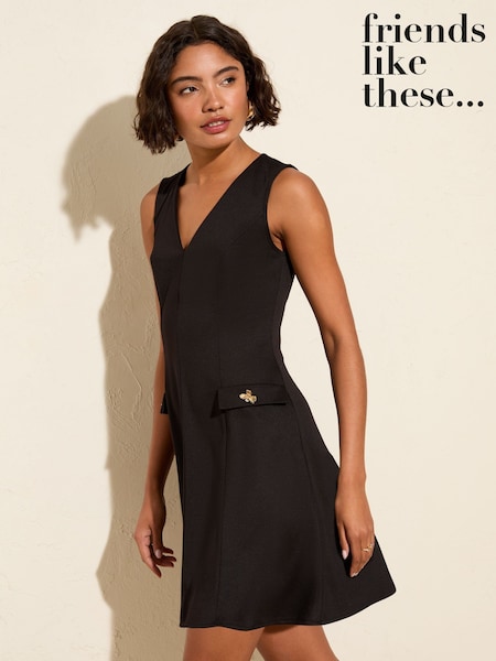 Friends Like These Black Mini Fit Sleeveless V-Neck And Flare Button Detail Dress (F47905) | €48