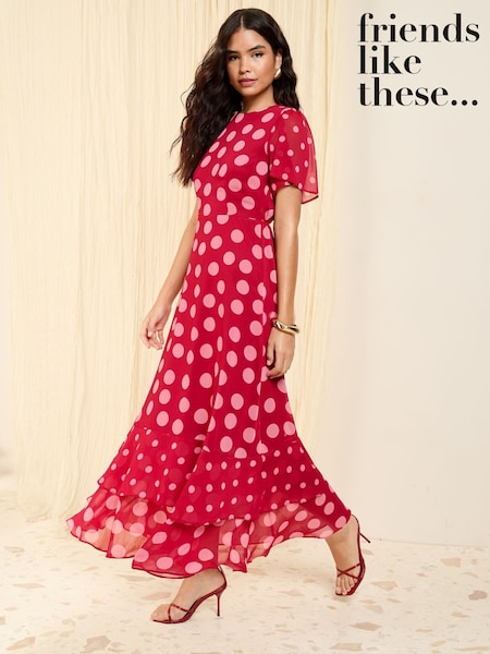 Friends Like These Pink Spot Short Sleeve Chiffon Tiered Maxi Dress (F47915) | R$ 585