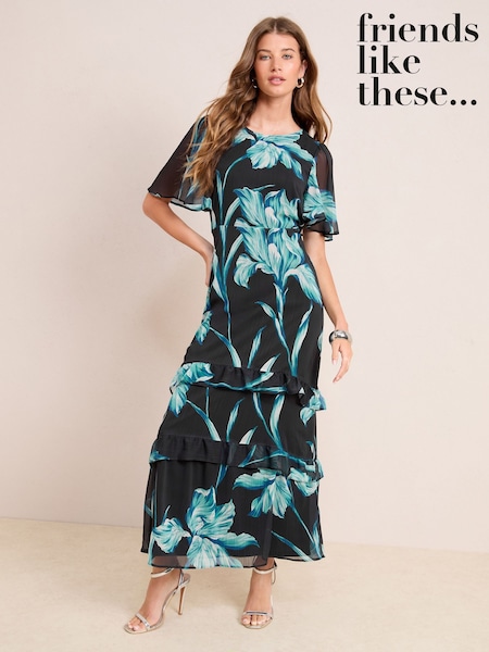 Friends Like These Black/Teal Floral Print Chiffon Angel Sleeve Tiered Hem Maxi Dress (F47917) | €84