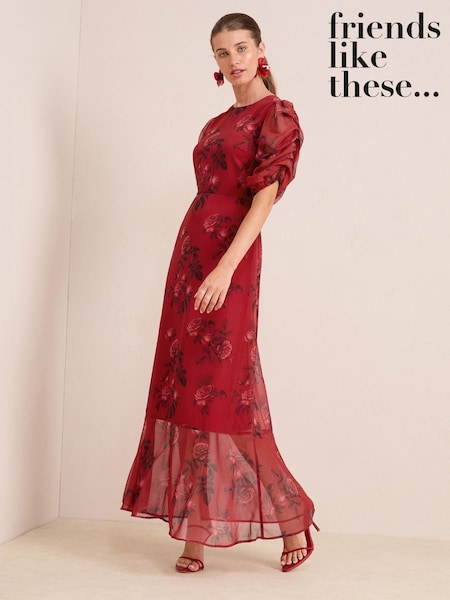 Friends Like These Red Floral Chiffon Ruched Sleeve Frill Hem Maxi Dress (F47919) | €69