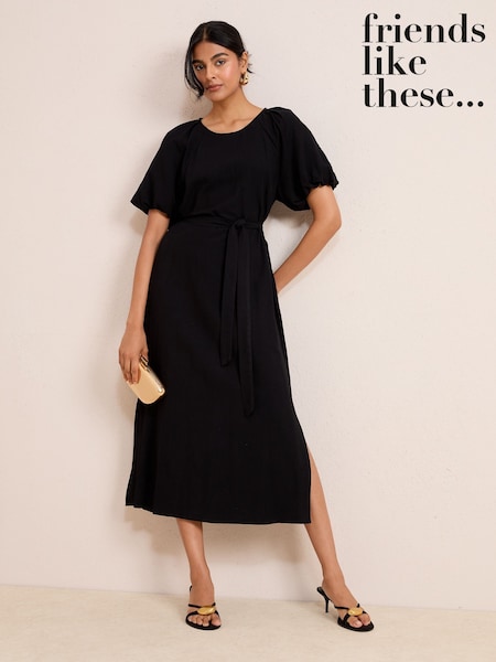 Friends Like These Black Puff Sleeve Raglan Tie Waist Belt Midi Dress (F47923) | €58