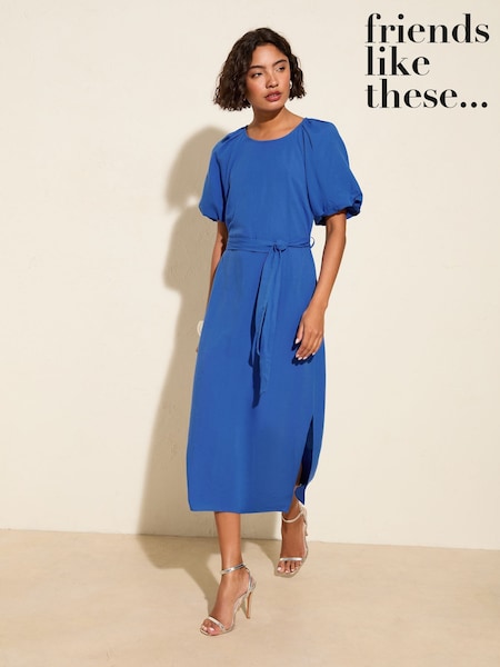 Azul - Friends Like These Puff Sleeve Raglan Tie Waist Belt Midi Dress (F47924) | R$ 445