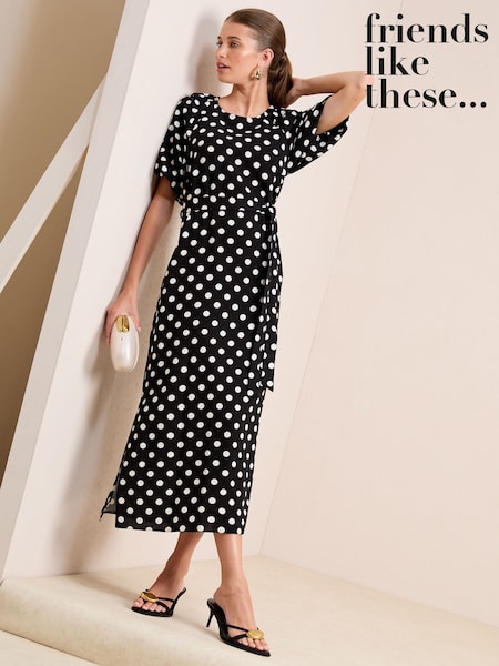 Friends Like These Black/White Puff Sleeve Raglan Tie Waist Belt Midi Dress (F47925) | €58